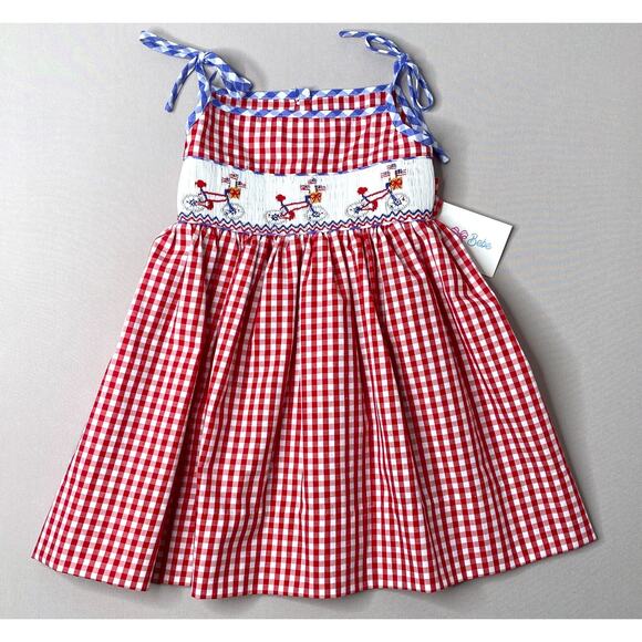 NWT Lulu Bebe Red Gingham Check Patriotic Bicycles Smocked Dress Girls 24 Mo - Picture 1 of 4